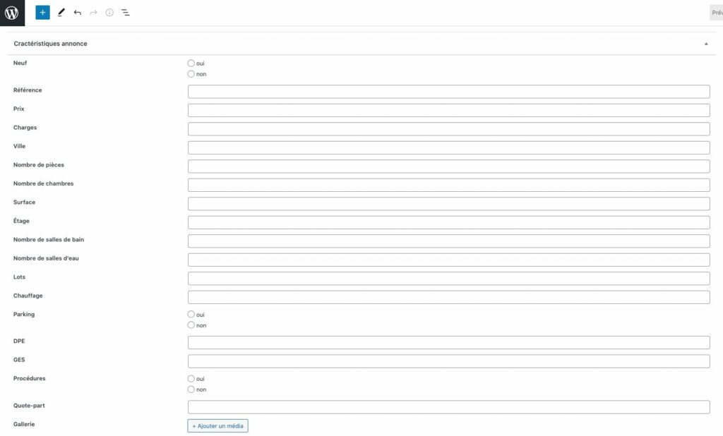 Ecran du backoffice WordPress présentant les champs dans l'interface WordPress qui seront remplis automatiquement par la passerelle WordPress Immofacile