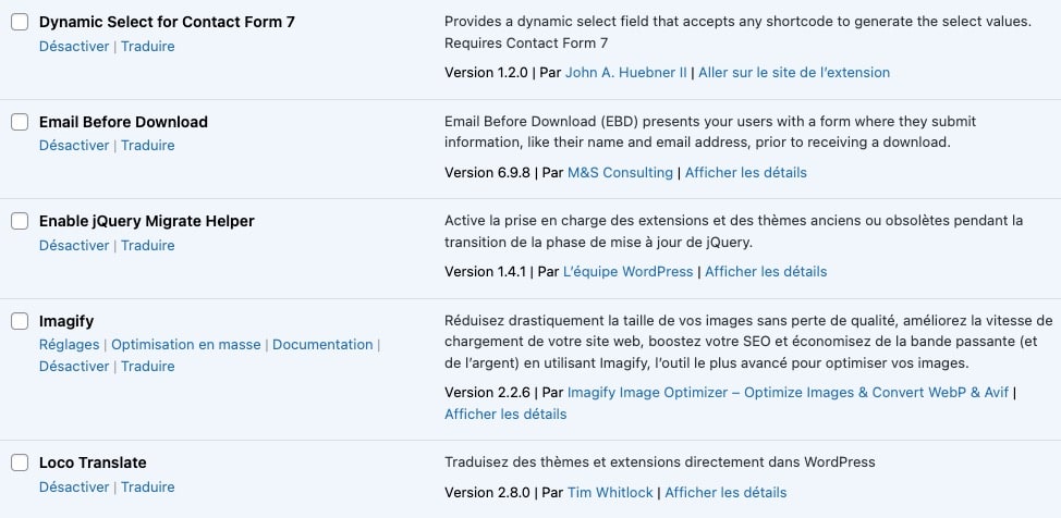 Liste d'extensions dans l'interface WordPress