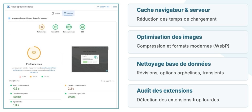 Illustration de la performance d'un site WordPress avec une liste d'éléments à envisager dans un contrat de maintenance WordPress.